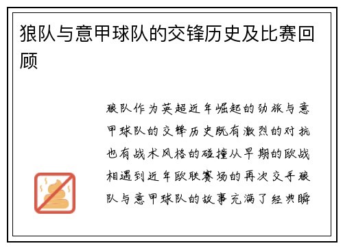 狼队与意甲球队的交锋历史及比赛回顾