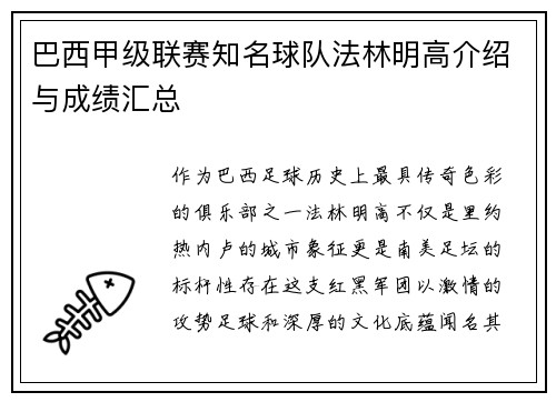 巴西甲级联赛知名球队法林明高介绍与成绩汇总